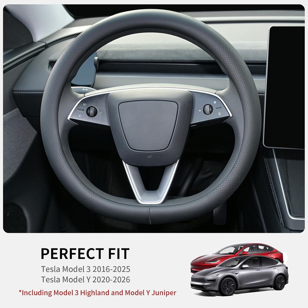 Nappa Leather Steering Wheel Cover Compatible with Tesla Model 3/Y 2016-2025 2026 Juniper/Highland, Non-Slip