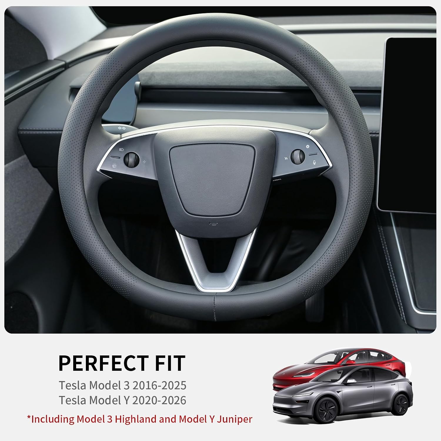 Nappa Leather Steering Wheel Cover Compatible with Tesla Model 3/Y 2016-2025 2026 Juniper/Highland, Non-Slip