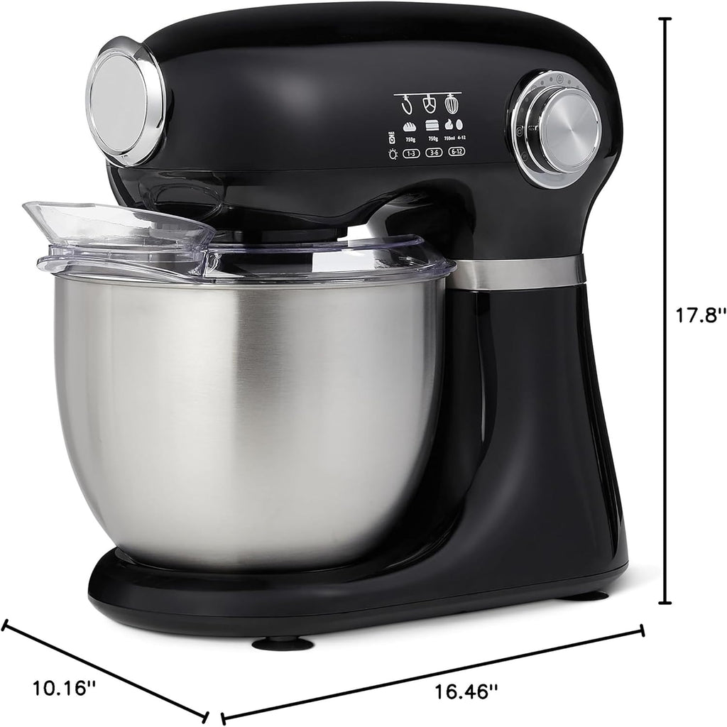 Tilt-Head Stand Mixer with 5.3Qt Bowl, Dough Hook, Beater and Whisk, 12 Speeds, 350W, Black