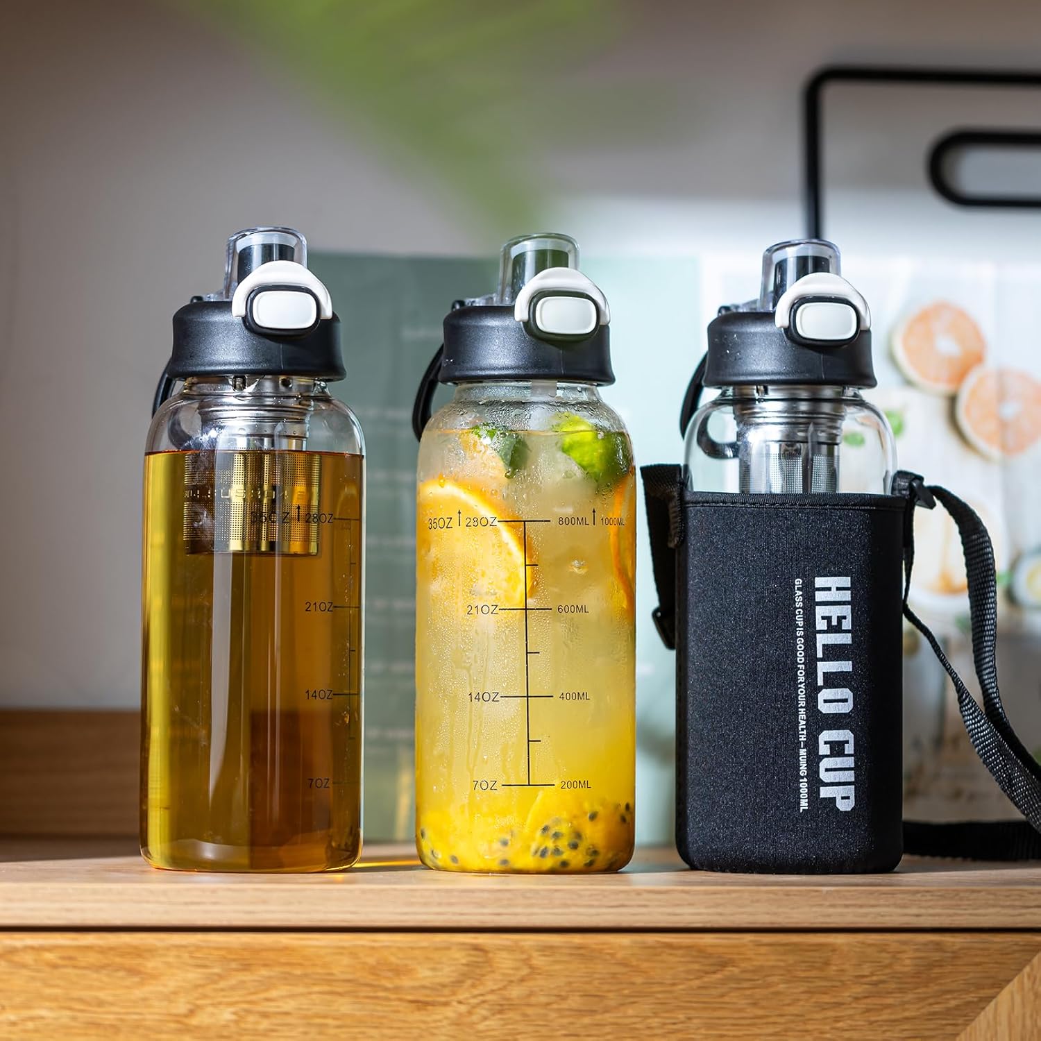 35oz Glass Water Bottles with Time Marker & Straw, BPA-Free Leakproof Glass Drinking Bottles with Protective Sleeve &
