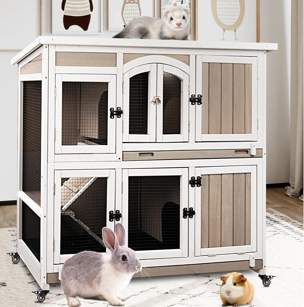 2 Story Large Rabbit Hutch Indoor with 2 Deeper Pull-Out Trays, Wooden Rabbit Cage with 4 Lockable Wheels, Ramp