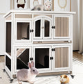 2 Story Large Rabbit Hutch Indoor with 2 Deeper Pull-Out Trays, Wooden Rabbit Cage with 4 Lockable Wheels, Ramp