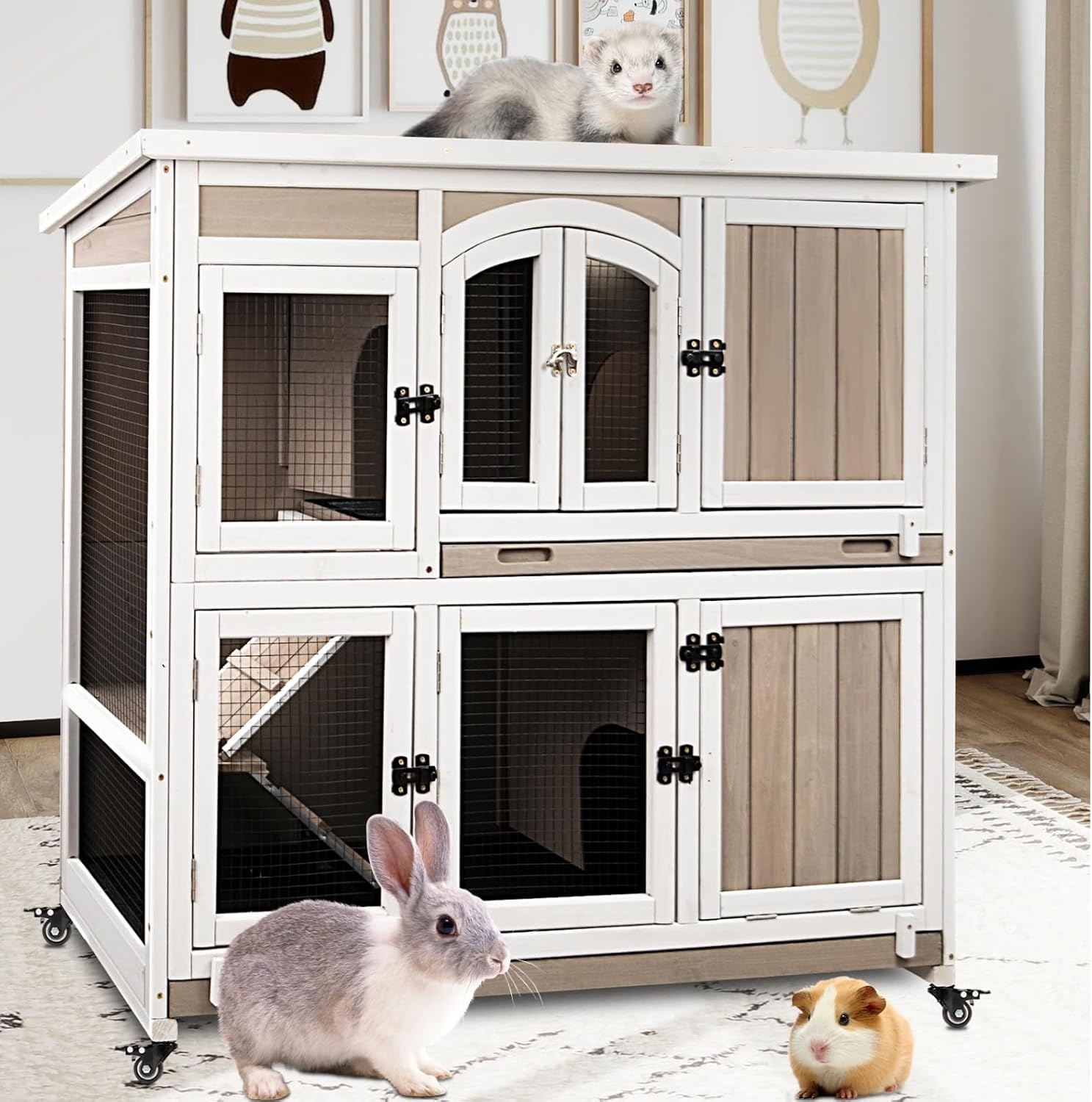 2 Story Large Rabbit Hutch Indoor with 2 Deeper Pull-Out Trays, Wooden Rabbit Cage with 4 Lockable Wheels, Ramp