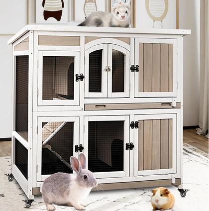 2 Story Large Rabbit Hutch Indoor with 2 Deeper Pull-Out Trays, Wooden Rabbit Cage with 4 Lockable Wheels, Ramp