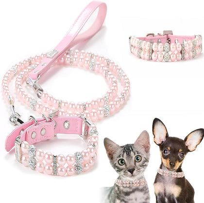 Luxury Pearl Dog Collar and Leash Set, Pink, Medium（9.45-11.8in）