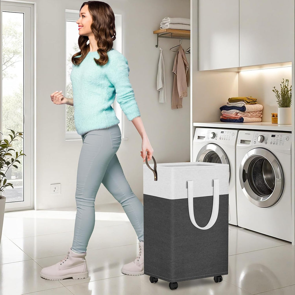75L Rolling Laundry Basket with 4 Wheels Collapsible Gray | 4 Wheels, Waterproof PEVA Lining, Cotton Flax Fabric