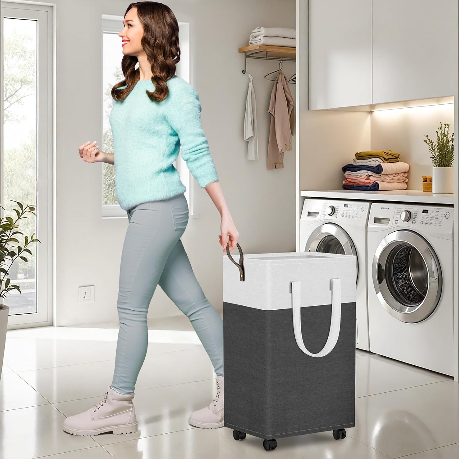 75L Rolling Laundry Basket with 4 Wheels Collapsible Gray | 4 Wheels, Waterproof PEVA Lining, Cotton Flax Fabric