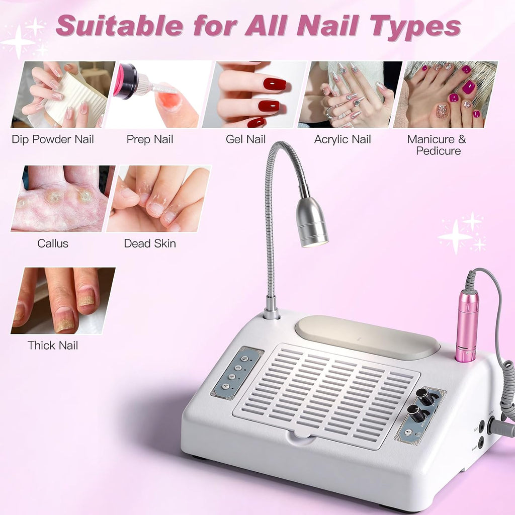 5-in-1 Nail Dust Collector, 30000RPM Drill & UV LED Lamp | 80W Suction, 30,000 RPM Drill, Sual-Power 48W/96W Curing