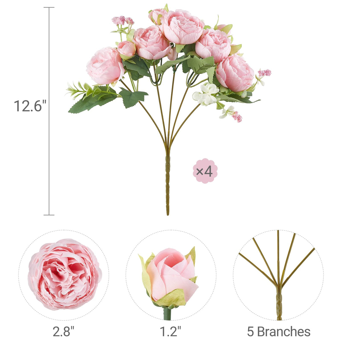 Peonies Artificial Flowers, Silk Pink Fake Flowers Bouquet 2 Pack