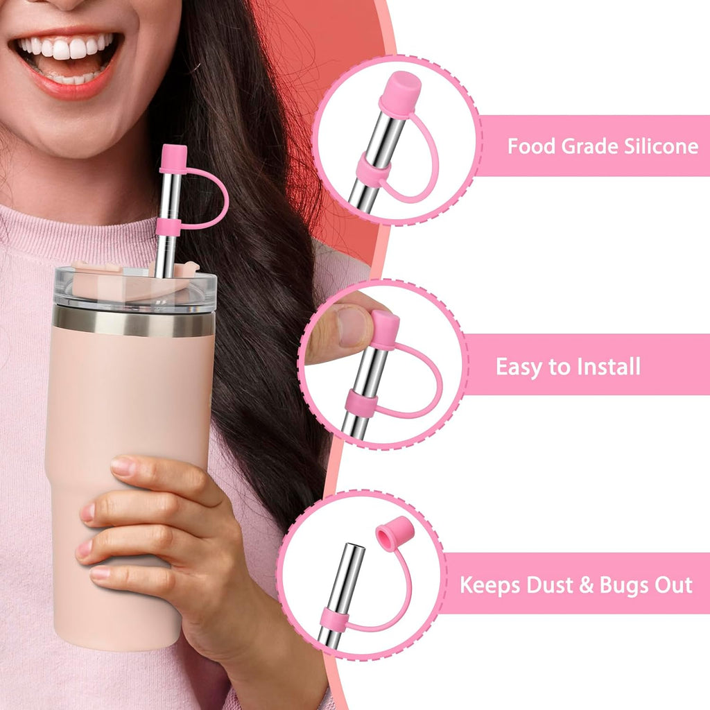 12" Stainless Steel Straws with Covers fit Stanl-ey 40 oz tumbler | Wide Straw Replacement with Silicone Tips & Cover