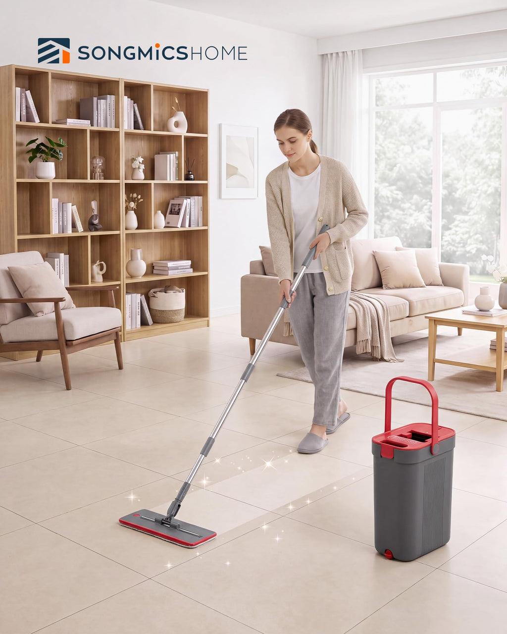 Flat Mop and Bucket Set, 4 Microfiber Pads