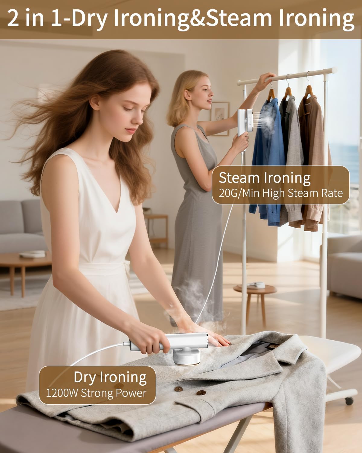 Steamer for Clothes, 2-in-1 Steam Iron for Clothes, 1200W Handheld Steamer 10s Heat-Up, Travel Steamer Fast Wrinkle