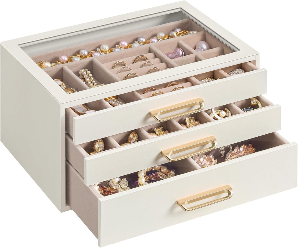 3-Layer Jewelry Box with Glass Window, Jewelry Storage Organizer with 3 Drawers, Golden Handles, for Rings, Earrings