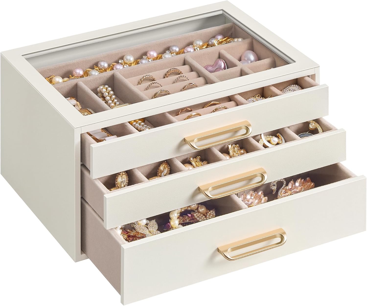 3-Layer Jewelry Box with Glass Window, Jewelry Storage Organizer with 3 Drawers, Golden Handles, for Rings, Earrings
