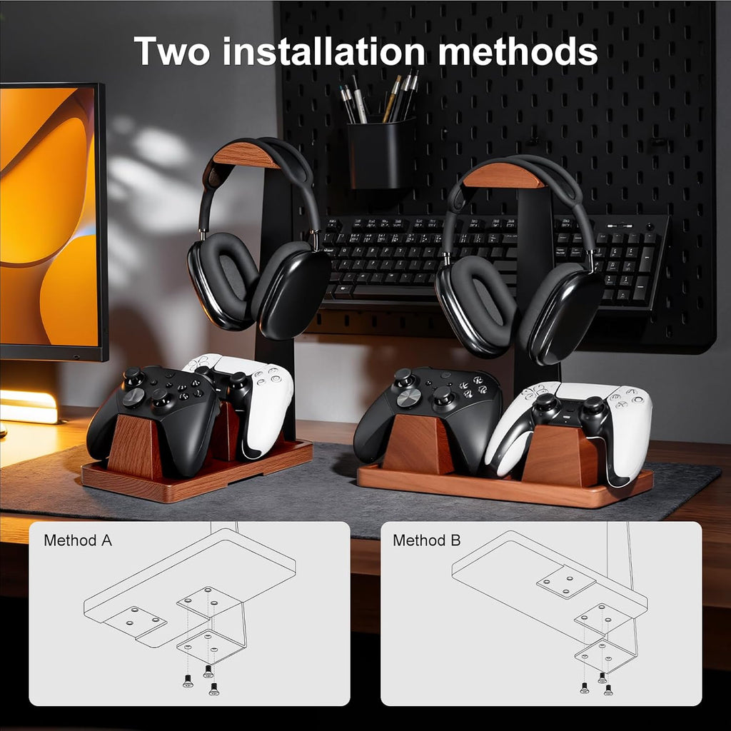 Headphone and Headset Stand with Controller Holders for Gaming Desk | Solid Wood, Holds 2 Controllers, Storage Tray
