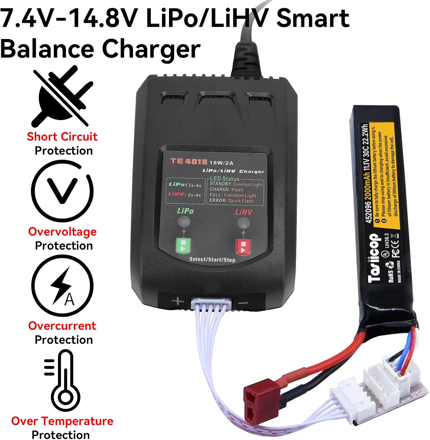 LiPo Battery Charger - 2S 3S 4S RC Car Batteries Balance Chargers 18W 2A for LiPo(7.4-14.8V) LiHV(8.7-17.4V) with