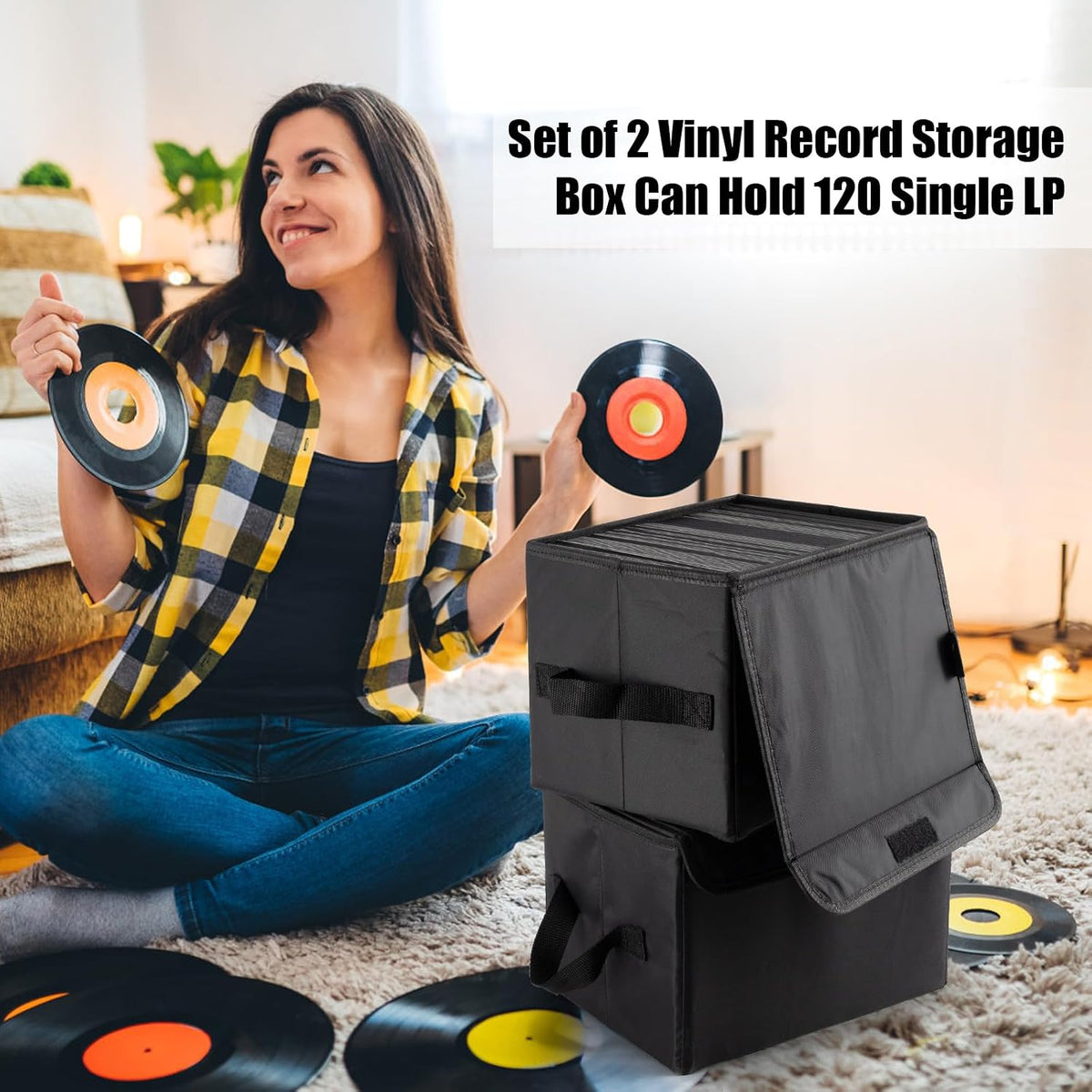 7-Inch Vinyl Storage Box, Set of 2 Stackable Case with Lid