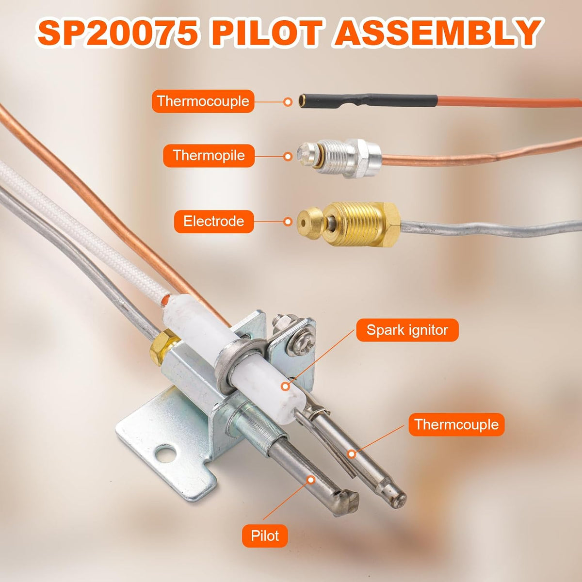 SP20075 Pilot Burner Assembly Kit, SP20305A Pilot and Igniter Assembly Compatible with Rheem, PROTECH, GE, Richmond, Ruud Natural Gas Water Heater, Natural Thermopile Senor
