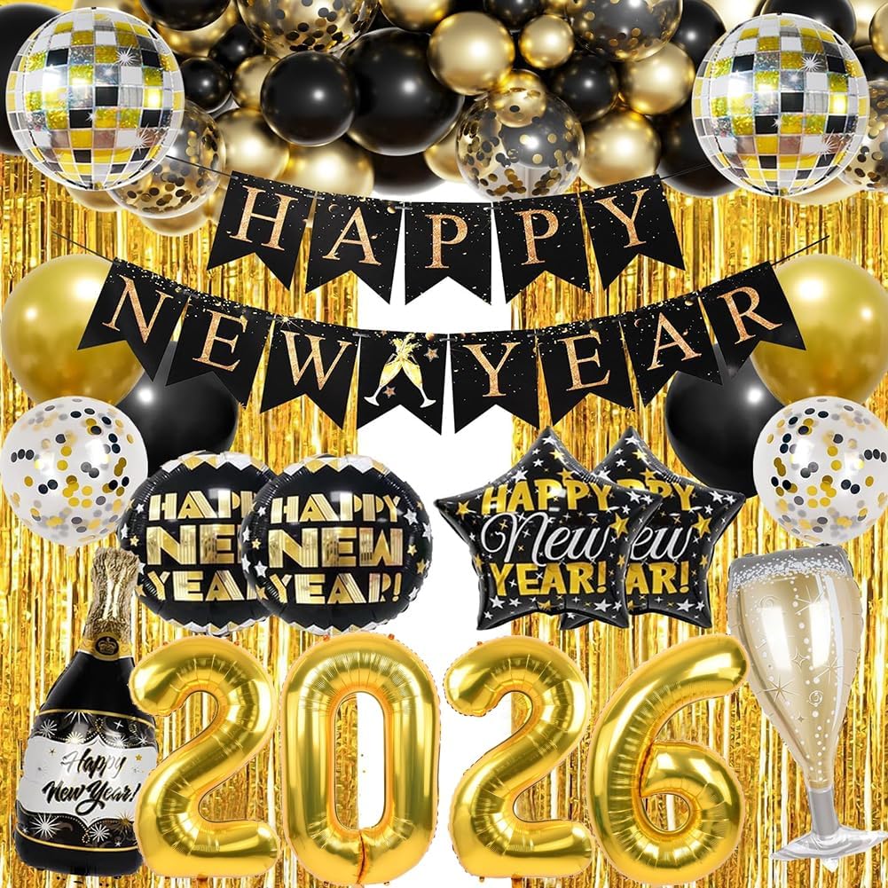Happy New Year Party Decoration 2026 Foil Balloon Banner and Curtains Disco Balloons Champagne Balloon New Years Eve