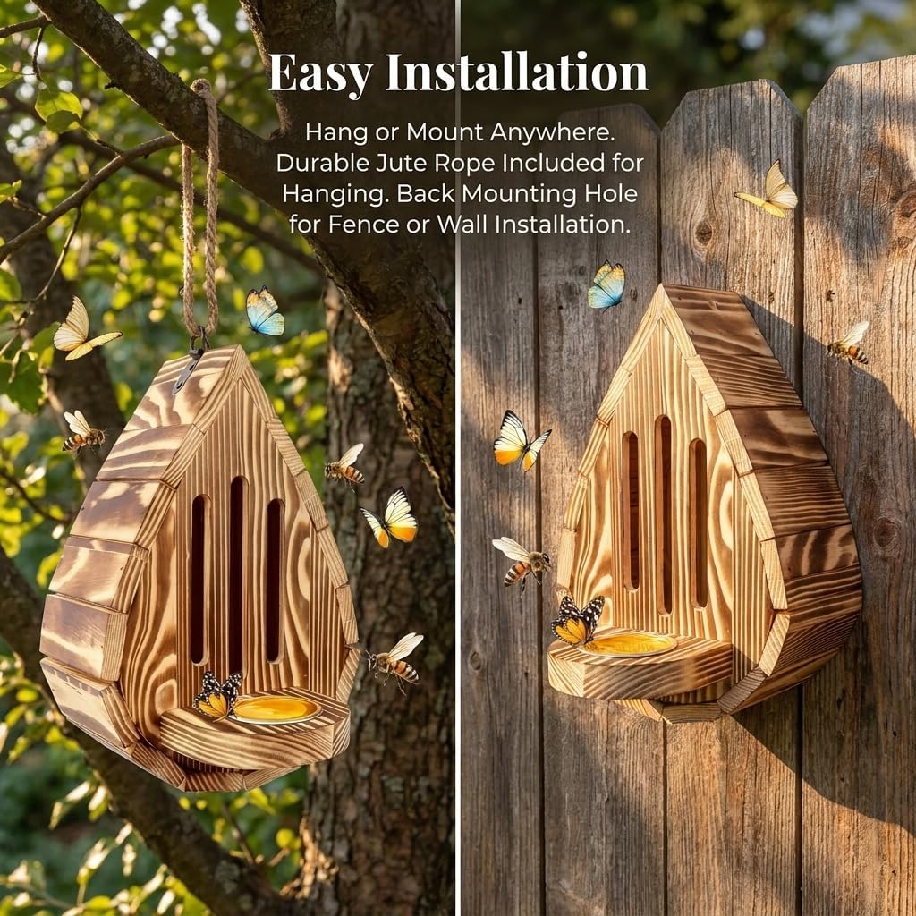 Teardrop Wooden Butterfly House, Hanging Outdoor Butterfly Shelter and Feeder with Rope for Garden Patio Yard Decor