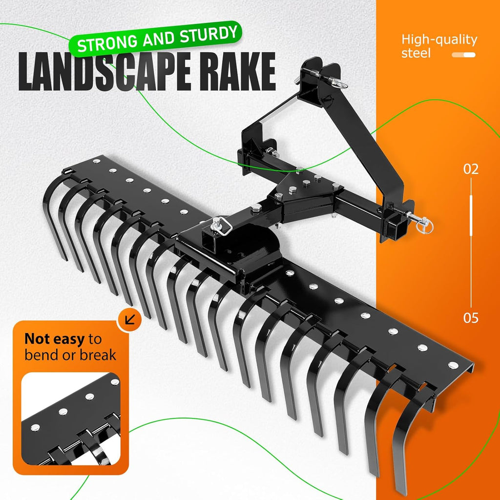 50" 3 Point Landscape Rake for Category-0 Cat-0 Tractor with 360 | Degree Rotation, Replaceable Spring Tines and Pin