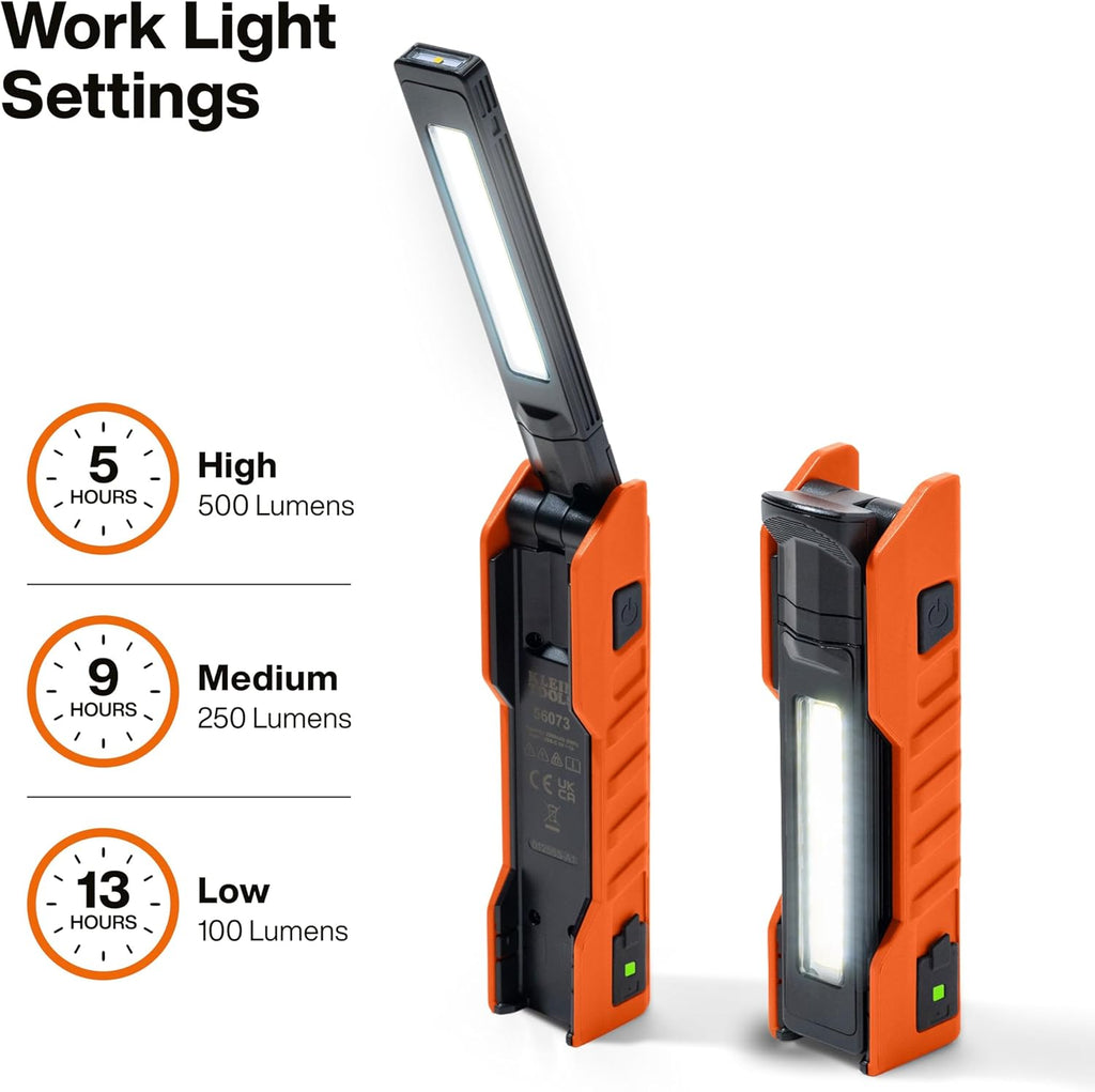 Klein Tools 56073 Foldable Handheld Work Light, 500-Lumen LED with 180-Degree Pivot and 270-Degree Rotation, USB-C