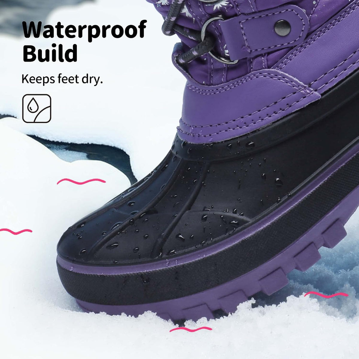 Girls Snow Waterproof Winter Boots | Warm Faux Fur Lined Outdoor Secure Grip Anti Slip Outsole Easy Wear Windproof