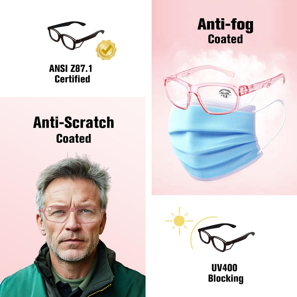 Stylish Safety Glasses Anti-Fog Scratch Pink Readers 1.5-2PC