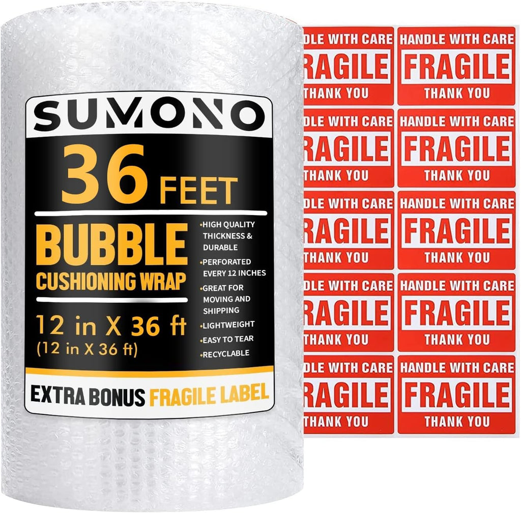 Bubble Cushioning Wrap Roll, Sumono 12 Inch x 36 Feet Total Bubble Roll Perforated 12 Inch Included 10 Fragile