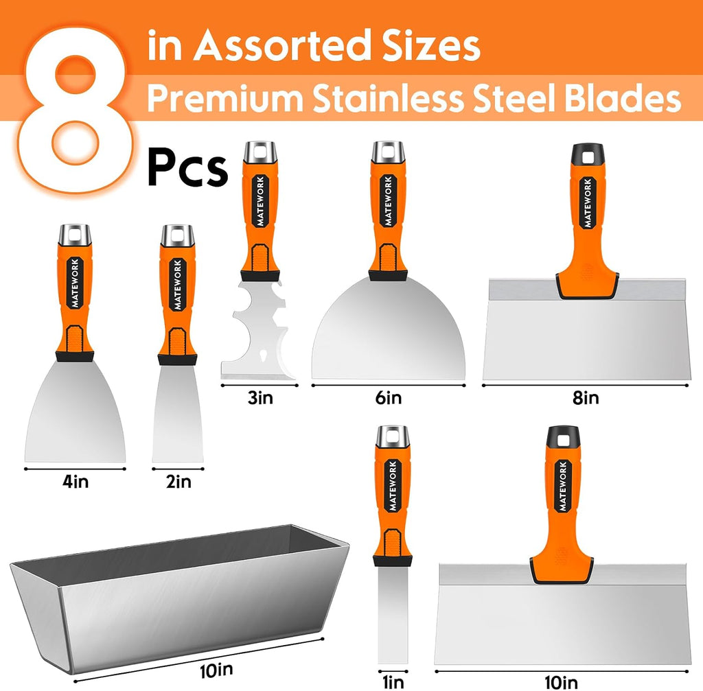 8Pcs Drywall Tools & Putty Knife Set with Hammer End, Mud Pan | 304 Hardened Stainless Steel, Resistant to Rust and