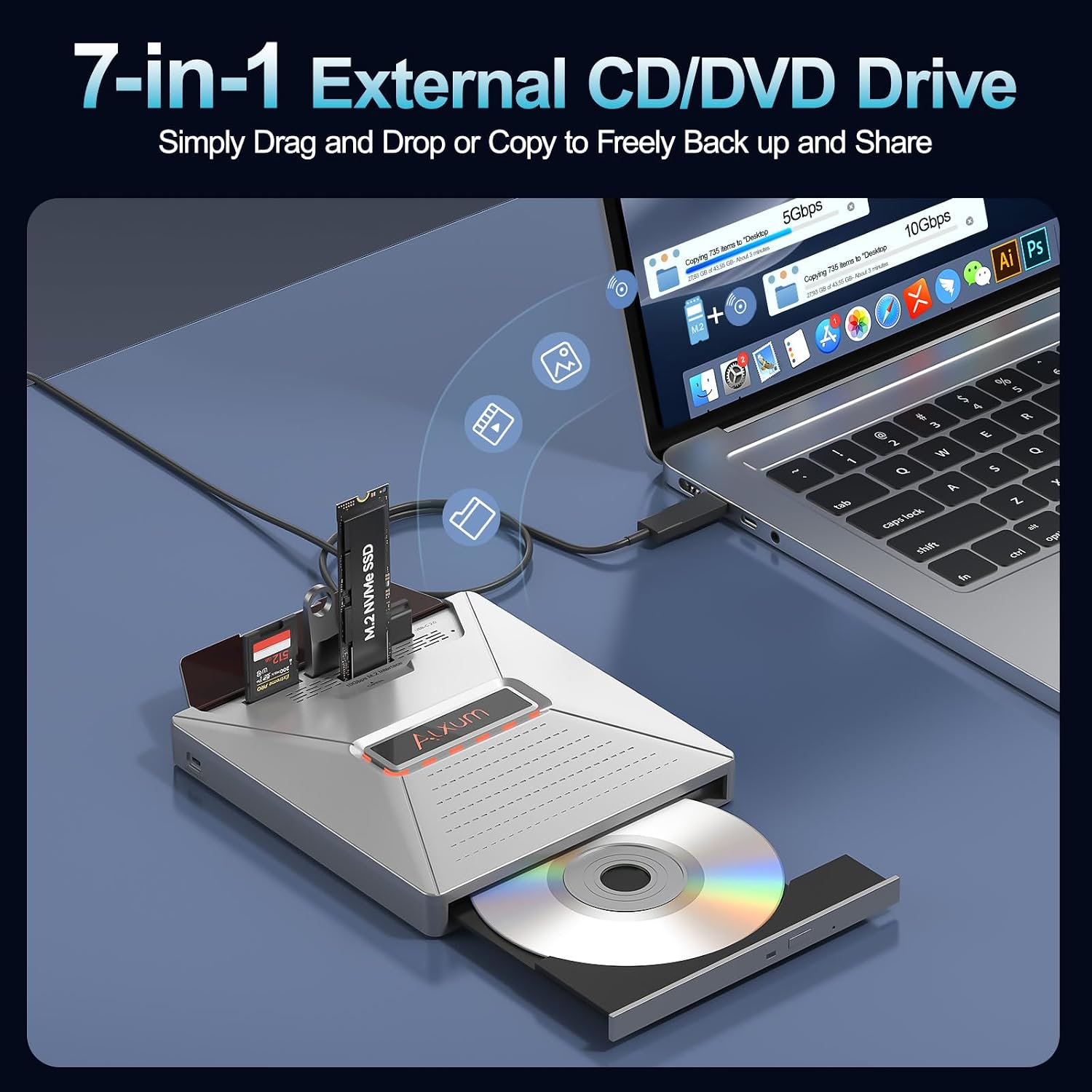 External CD DVD Drive for Laptop, 7 in 1 Disc Player Burner with M.2 | Portable External Optical Drive Reader with