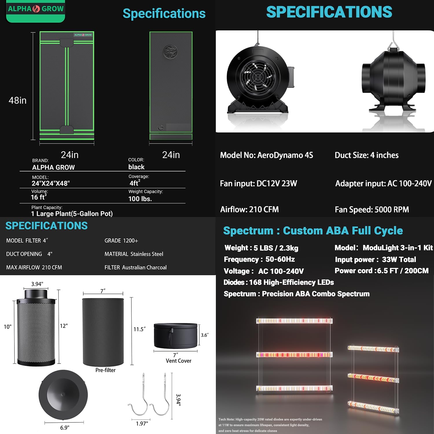 2x2 Complete Grow Tent Kit, 24x24x48 Indoor Grow Tent with 33W ABA LED Grow Light Bars, Inline Duct Fan, Carbon