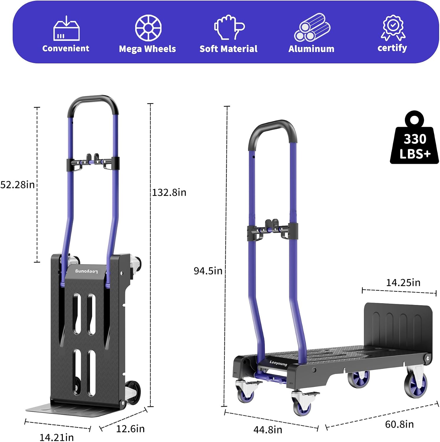 3-in-1 Folding Hand Truck – 330lbs Portable Dolly cart with Adjustable Handle,360° Swivel Casters & One-Touch Parking