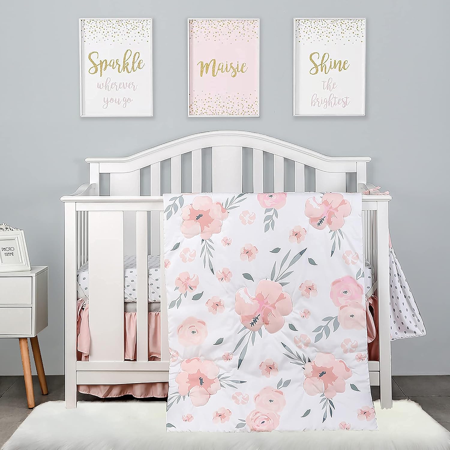 4-Piece Crib Bedding Set for Boy Girls, Includes Crib Skirt, Blanket, Crib Sheet & Diaper Bag, Baby Girl Crib Bedding