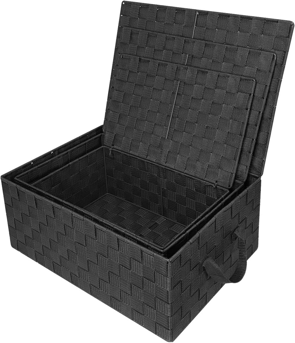 Set of 3 Hand-Woven Storage Baskets with Lids – Mesh Design Organizers for Closet, Shelves, and Home Storage (Black)