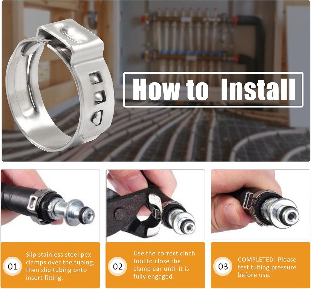 1/2 Inch PEX Cinch Clamps, 50 Pcs, Stainless Steel