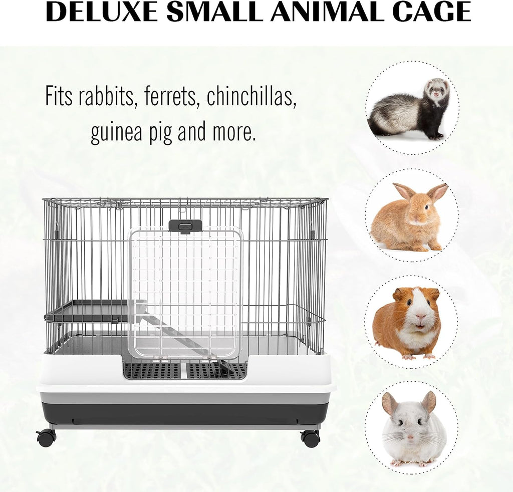 2-Level Small Animal Cage Rabbit Hutch with Wheels for Bunny Black | Removable Tray, Platform and Ramp
