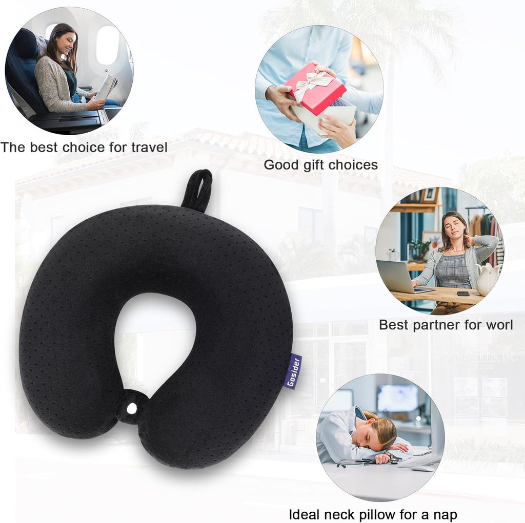 Black Travel Neck Pillow Memory Foam Airplane Pillow for Neck and Head Support Soft Portable U Shape Neck Pillow for
