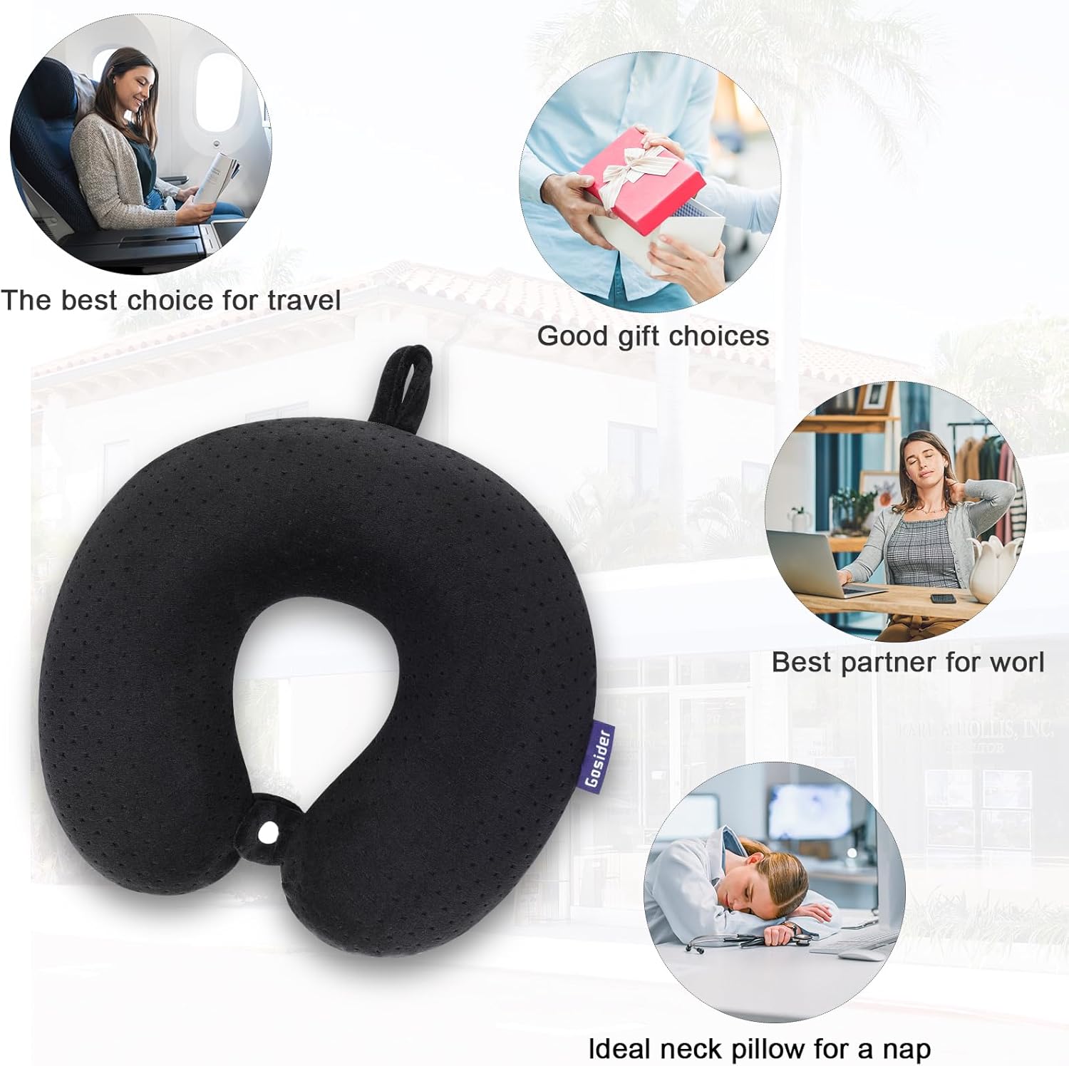 Black Travel Neck Pillow Memory Foam Airplane Pillow for Neck and Head Support Soft Portable U Shape Neck Pillow for