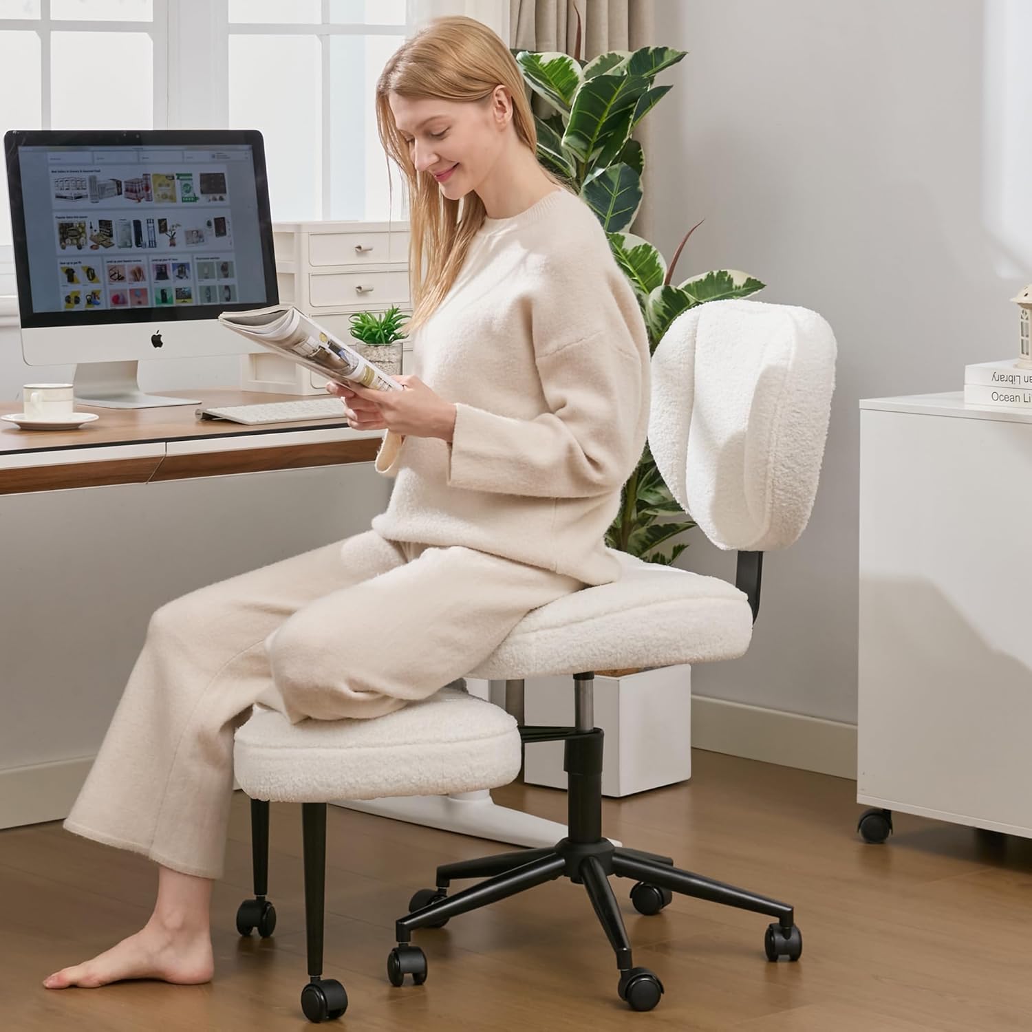 Criss Cross Office Chair with Wheels, Adjustable-Height Backrest & Swivel Footrest, Ergonomic Cross Legged Chair with