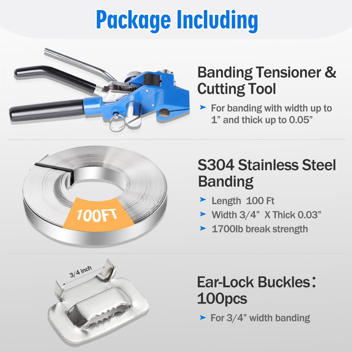 S304 Stainless Steel Strapping Kit, Heavy-Duty Ratchet Banding Tool Set