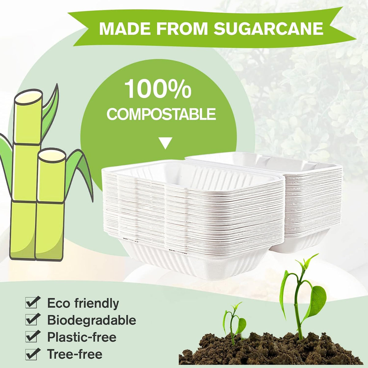 75 Pack Compostable Clamshell Take Out Food Containers, 9x6 inch