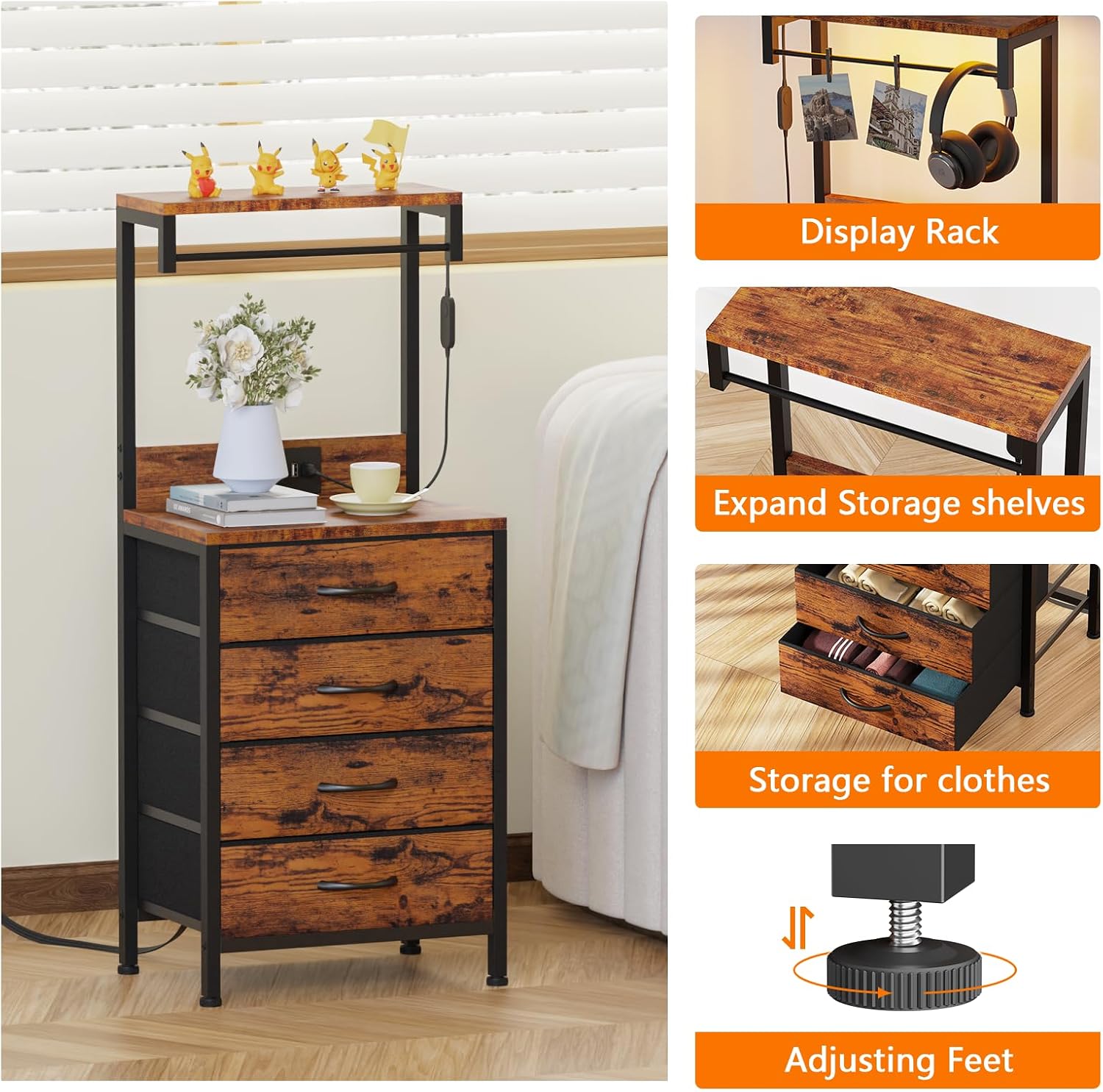 Night Stand Set 2, 38" Tall Bedside Table with Charging Station | RGB LED Lights, Storage Wood Shelves & 4 Fabric