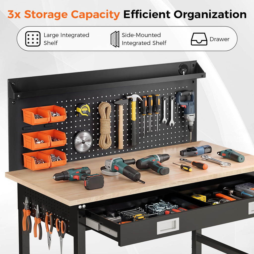 48" Adjustable Work Bench with Drawers, Workbench for Garage with Strip Light, Work Table with Large Pegboard, 2000