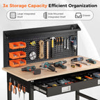 48" Adjustable Work Bench with Drawers, Workbench for Garage with Strip Light, Work Table with Large Pegboard, 2000