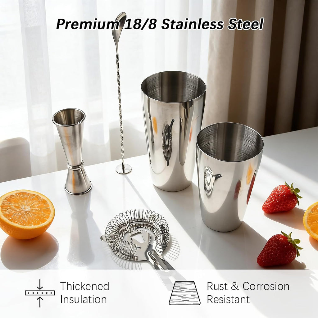 Professional Cocktail Shaker, Professional 5-Piece Bartender Kit with Boston Shaker, Hawthorne Strainer, Double