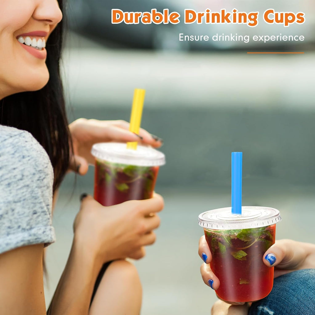 50 Sets 12 Oz Plastic Cups with Lids and Jumbo Straws, Multicolor