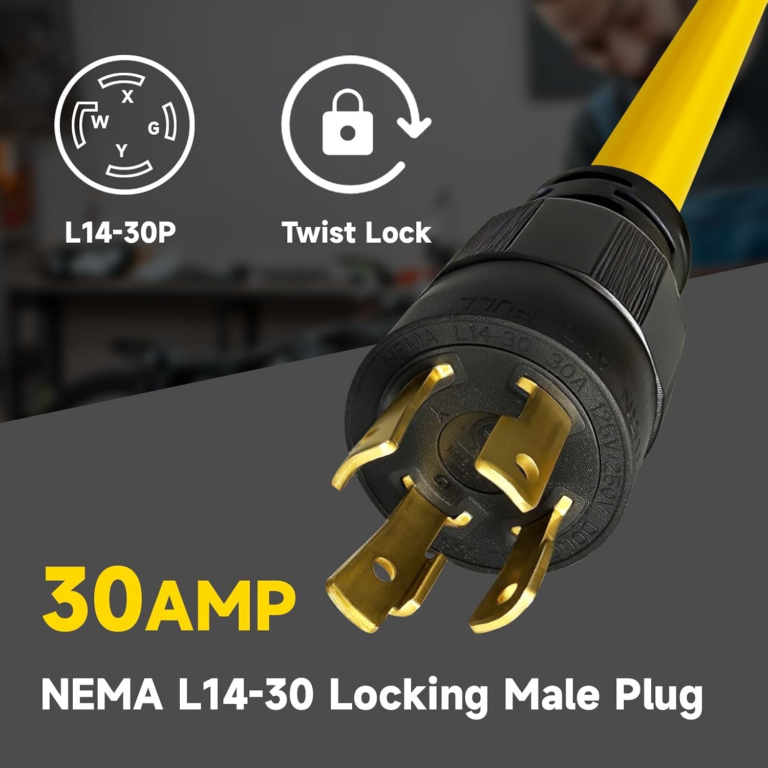 10 Ft 10/4 30-Amp Generator Outdoor Extension Cord, L14-30P/R, Yellow | 10 Gauge SJTW 4-Prong 125/250V 7500W NEMA