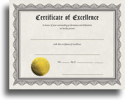 Certificate of Excellence Certificate Paper with Embossed Gold Foil Seals - 30 Pack - Parchment Award Certificates