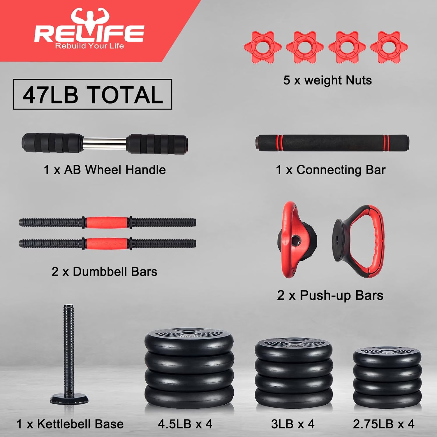 Adjustable Dumbbell Set for Home Fitness Training | 6 in 1 Weight Set Dumbbell Barbell Kettlebells, Push-up, Push up